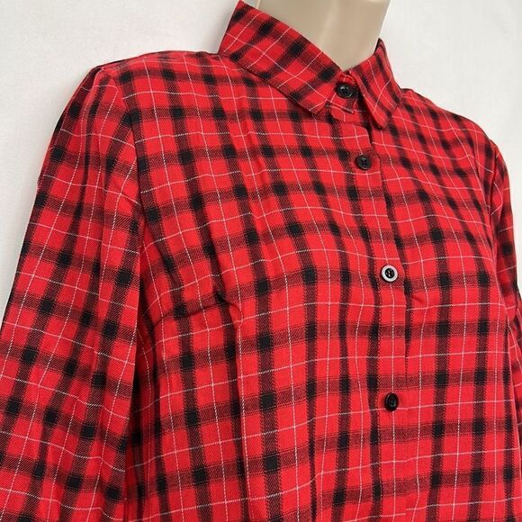 Meaneor red and black plaid button-down long sleeve collar shirt for wom… - Picture 2 of 13